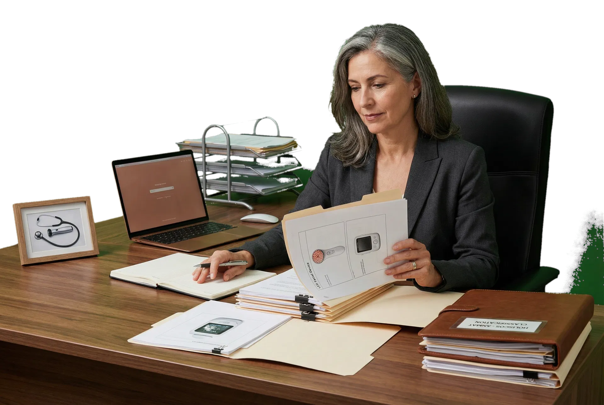 Especialista regulatoria revisando documentación para importación y clasificación ANMAT