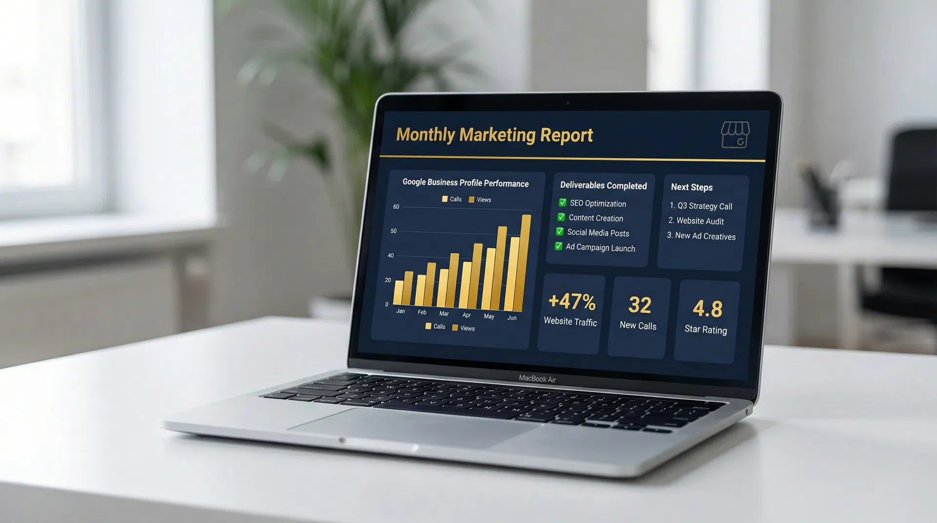 Professional branded monthly marketing report dashboard showing Google Business Profile performance metrics, deliverables completed checklist, next steps action plan, and key performance indicators including website traffic growth, new calls, and star rating
