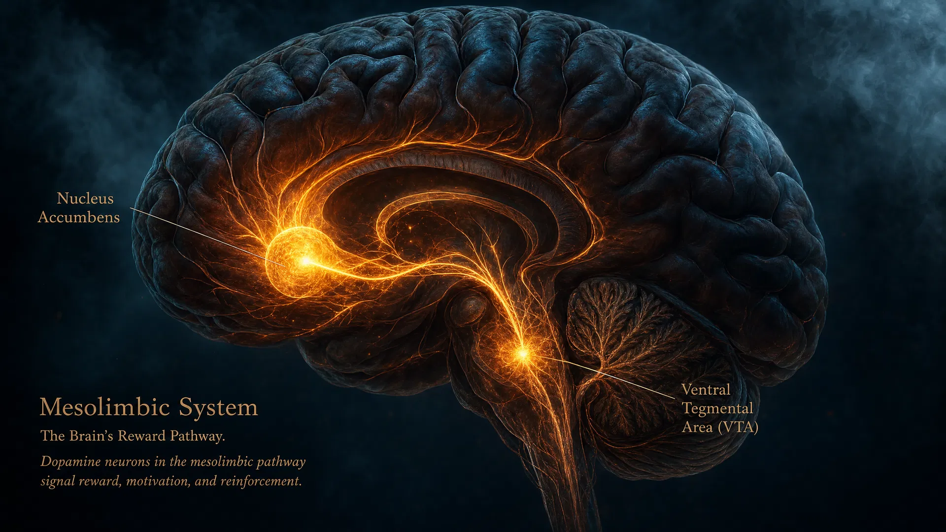 The brain's mesolimbic dopamine reward pathway
