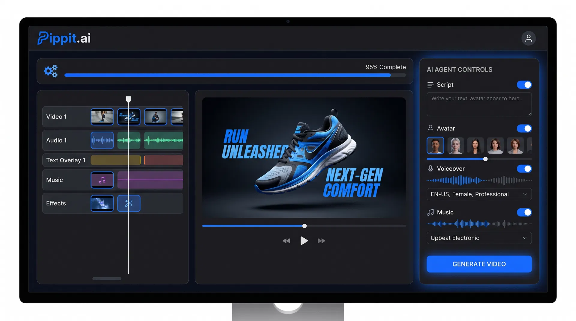 Pippit.ai AI Video Agent dashboard showing video generation interface with timeline editor, AI agent controls for script, avatar, voiceover and music, and a product advertisement video being generated