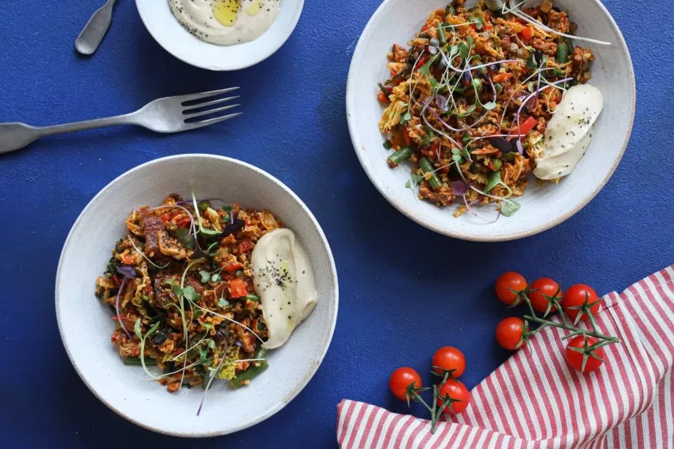 Apricot Harissa Grains Bowl — a plant-based British recipe by BOSH!