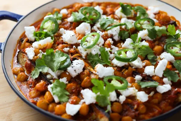 Aubergine and Mango Harissa Chickpea Bake