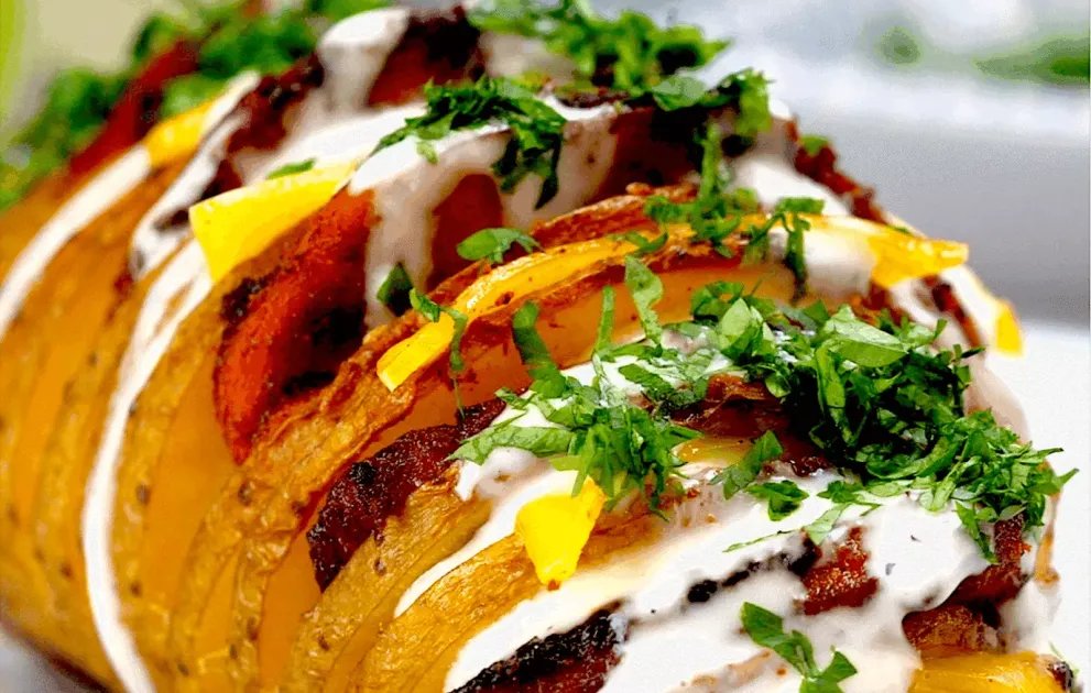 Bacon Cheeseburger Hasselback Potatoes — a plant-based British recipe by BOSH!