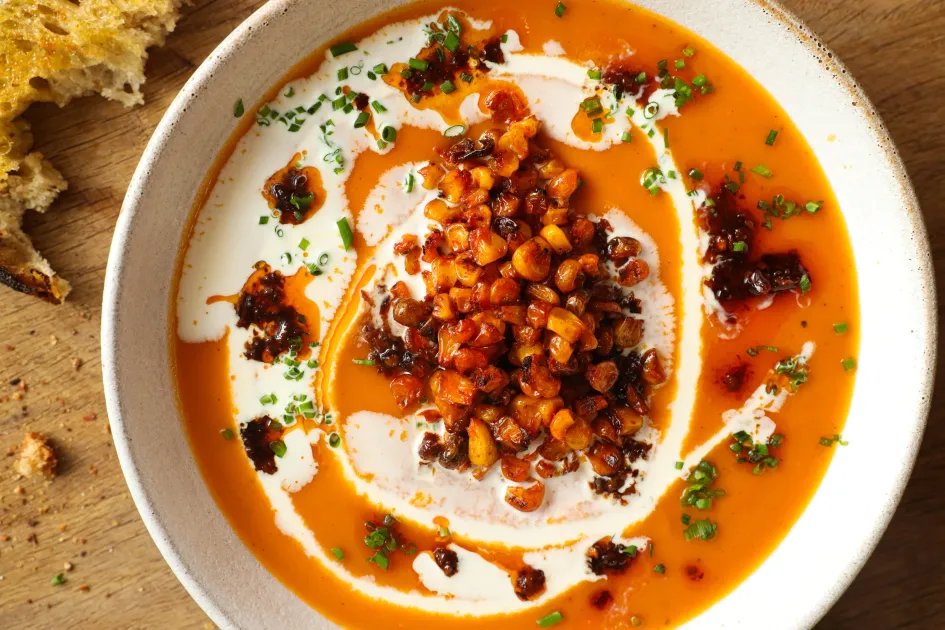 Butternut Squash Soup With Charred Corn and Chilli
