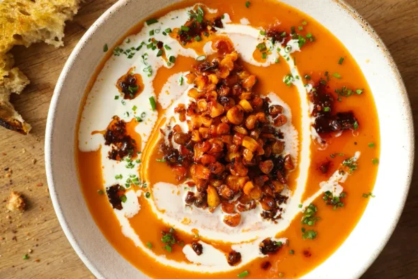 Butternut Squash Soup With Charred Corn and Chilli