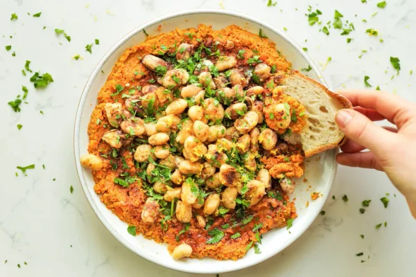 Carrot Muhammara with Crispy Butter Beans