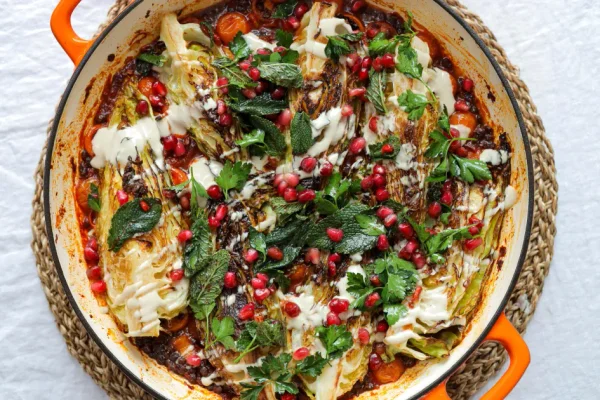 Charred Hispi Cabbage with Harissa Lentils