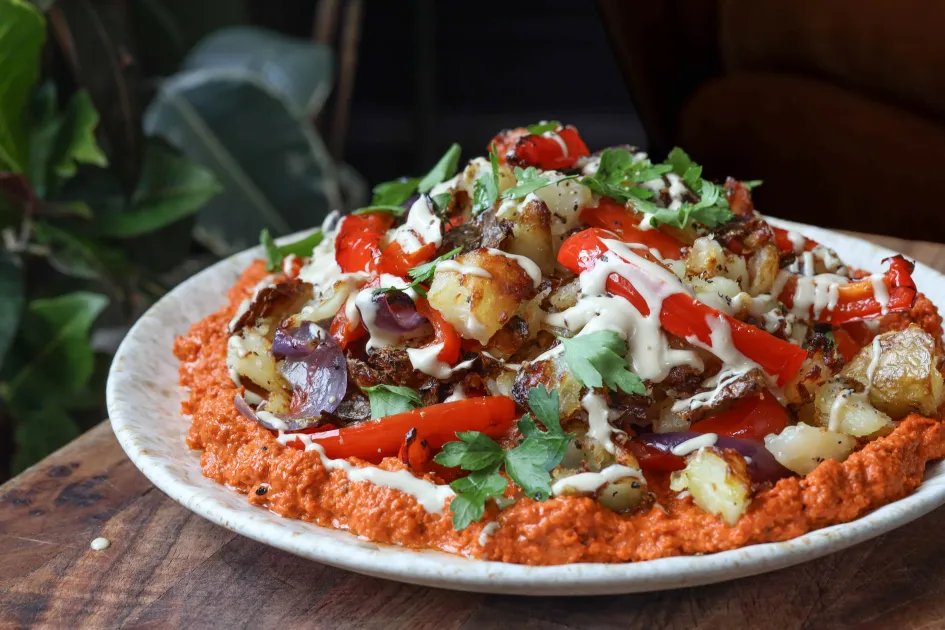 Crispy Smashed Romesco Potatoes — a plant-based Mediterranean recipe by BOSH!