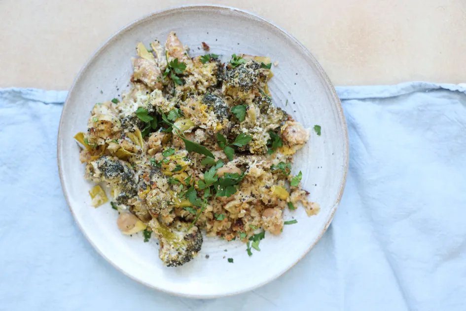 Fridge Raid Friday Vegetable Bake with Crunchy Topping — a plant-based British recipe by BOSH!