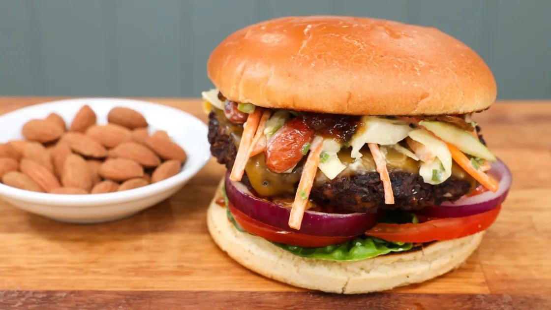 Fully Loaded Mushroom and Almond Burgers — a plant-based American recipe by BOSH!