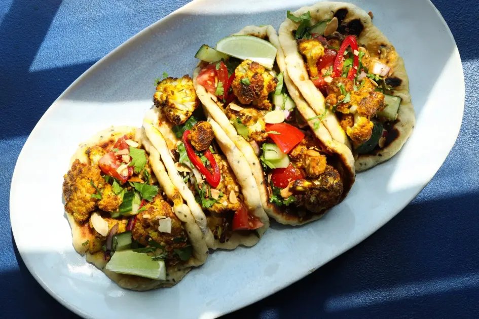 Korma Roasted Cauliflower with Naan Tacos
