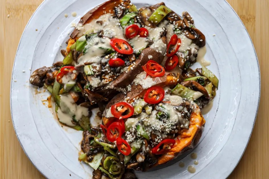 Loaded Sweet Potatoes with Sticky Mushrooms