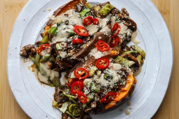 Loaded Sweet Potatoes with Sticky Mushrooms