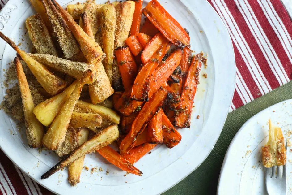 Maple Roasted Carrots and Parmesan Parsnips
