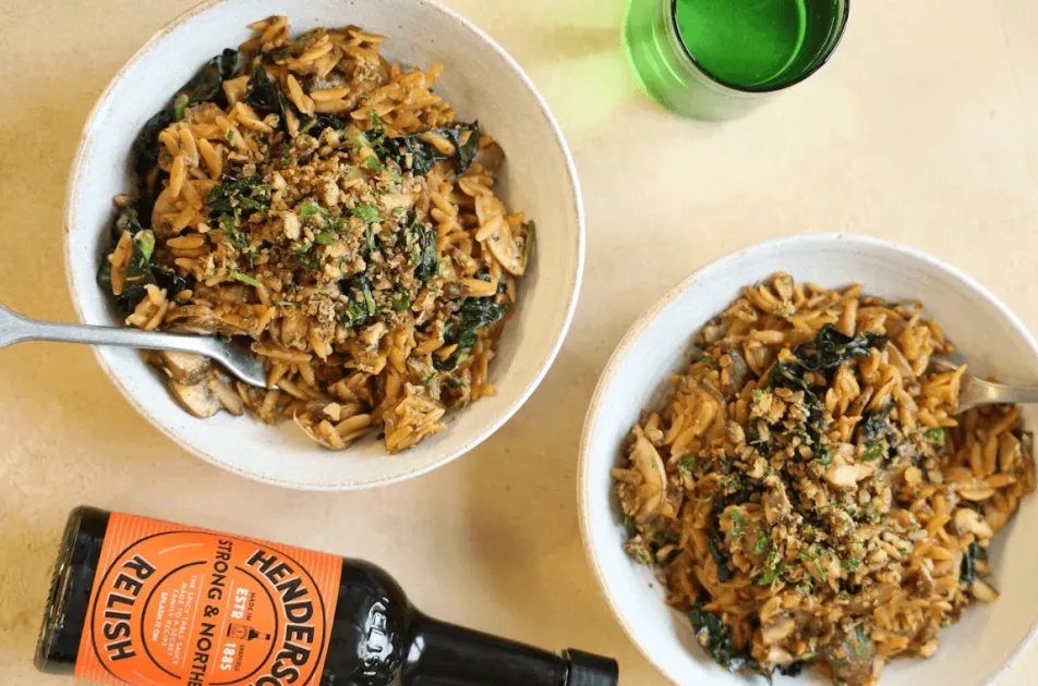 One Pan Henderson's Orzo — a plant-based British recipe by BOSH!