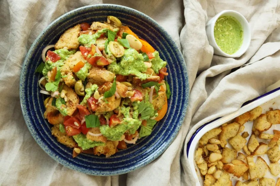 Pesto Panzanella Salad — a plant-based Italian recipe by BOSH!