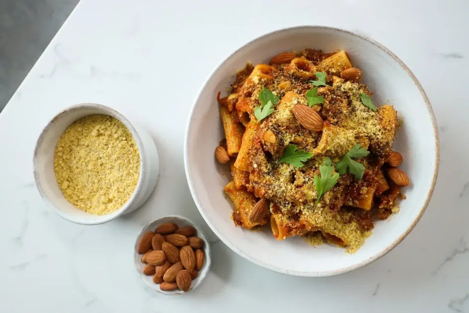 Pulled Aubergine and Roasted Almond Ragu with ‘Almesan’ — a plant-based Italian recipe by BOSH!