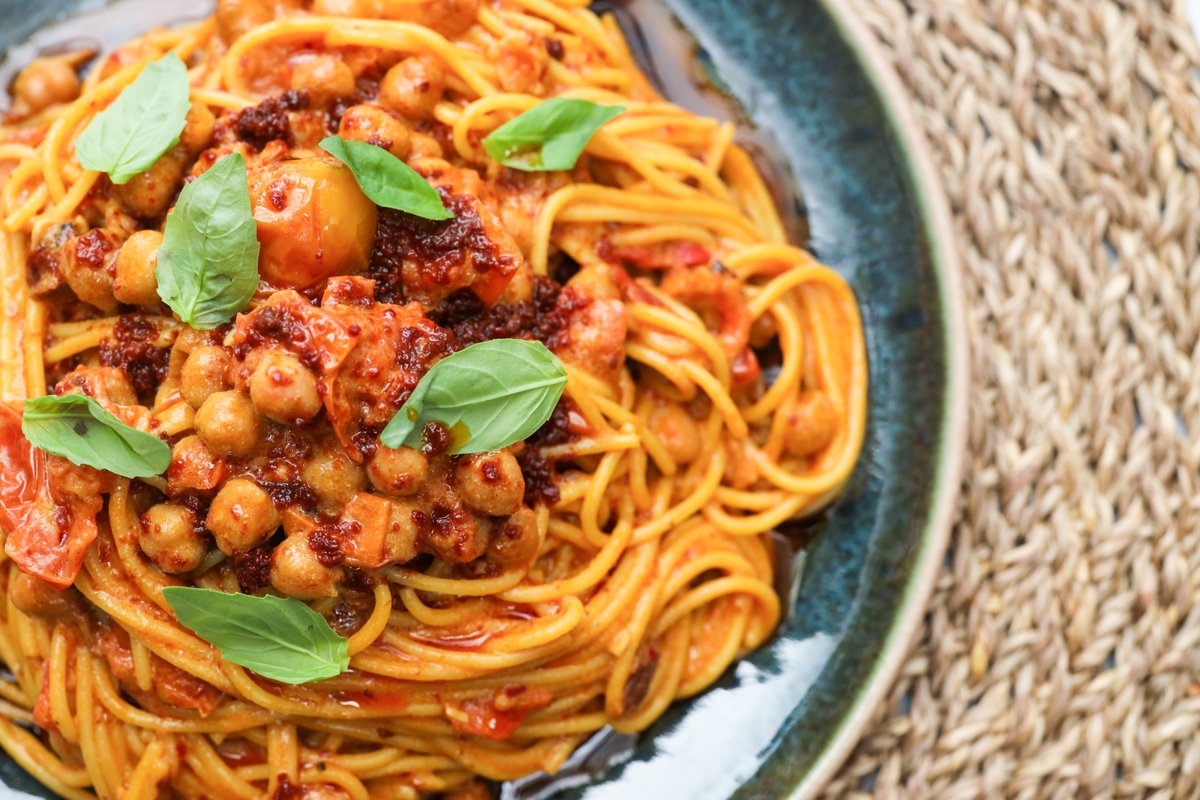 Roast Harissa Tomato And Chickpea Spaghetti — a plant-based recipe by BOSH!