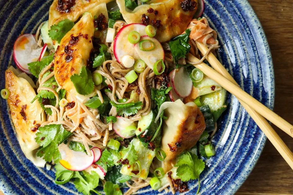 Smacked Cucumber Gyoza Noodle Salad — a plant-based Other recipe by BOSH!