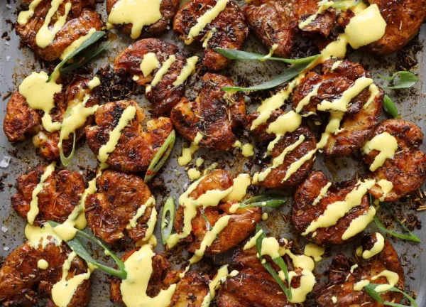 Smashed New Potatoes with Turmeric Mayo