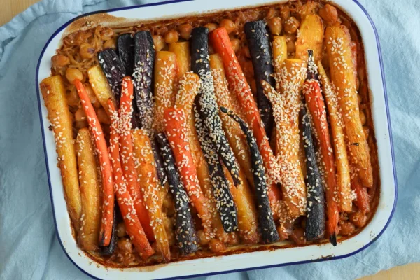 Sticky Gochujang Carrots and Coconut Rice Bake