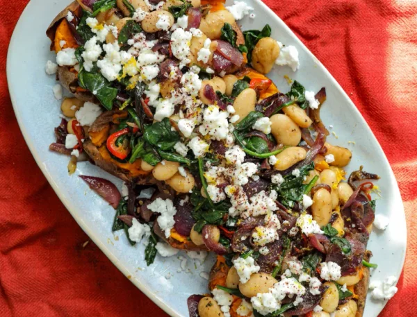 Sweet Potatoes with Sticky Onions and Feta