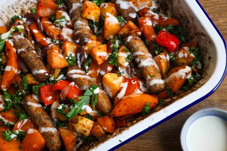 Vegan Nduja Sausage Traybake — a plant-based Mediterranean recipe by BOSH!