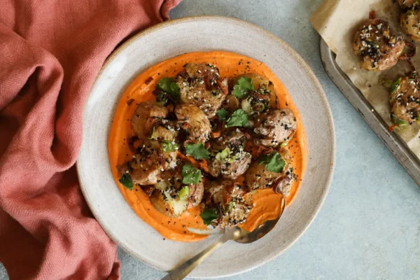 Za'atar Smashed Roasties with Whipped Harissa Tofu
