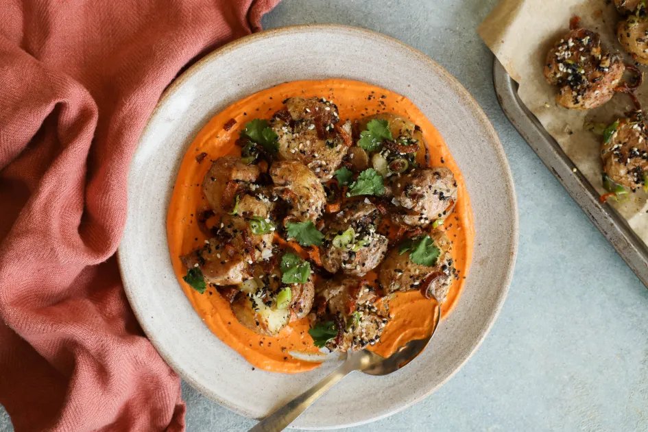 Za'atar Smashed Roasties with Whipped Harissa Tofu