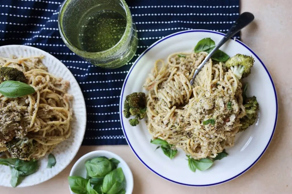 Zero Waste Roasted Broccoli Pesto Pasta — a plant-based Italian recipe by BOSH!