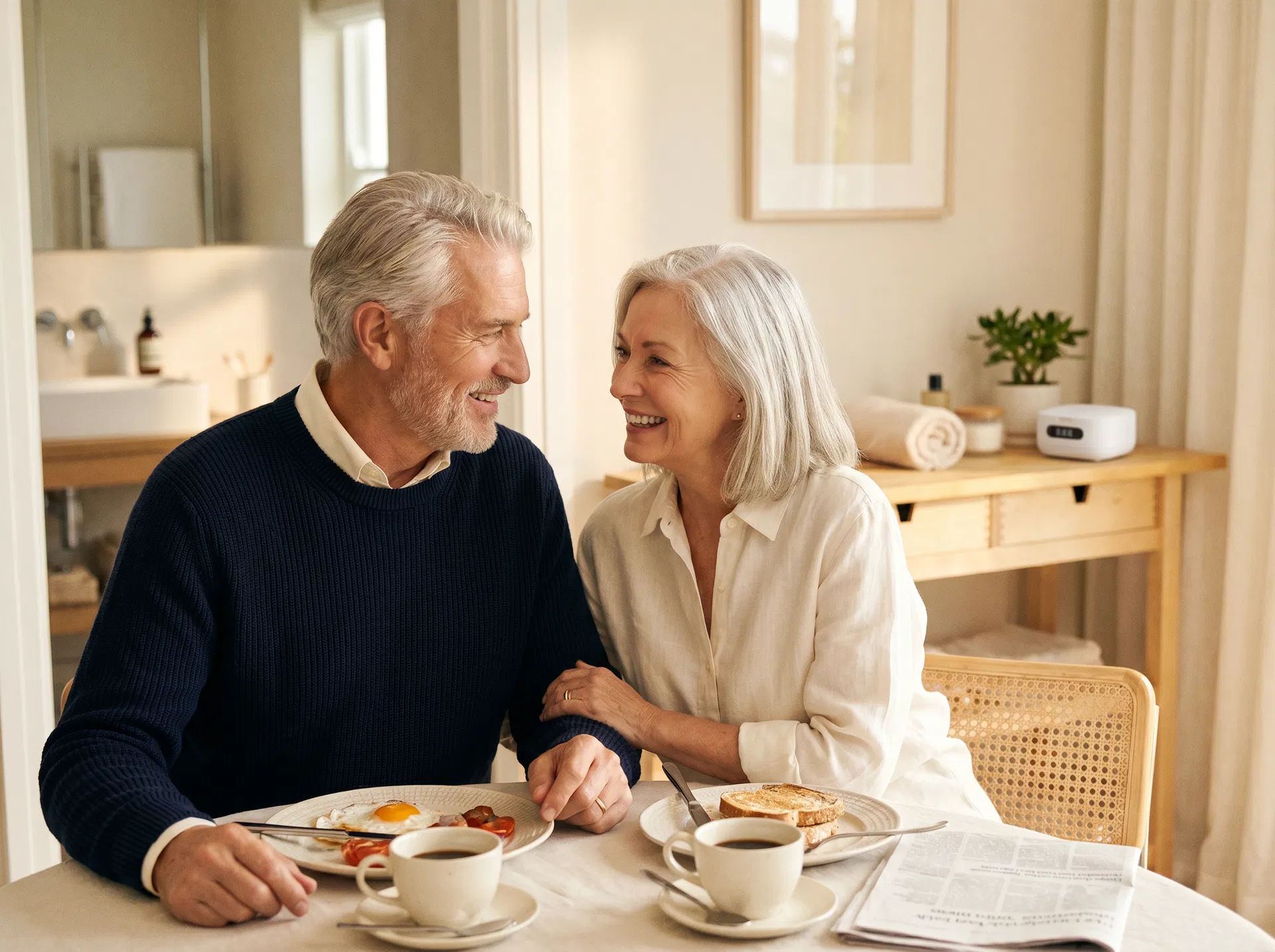 Older couple enjoying breakfast with Klenopod in the background