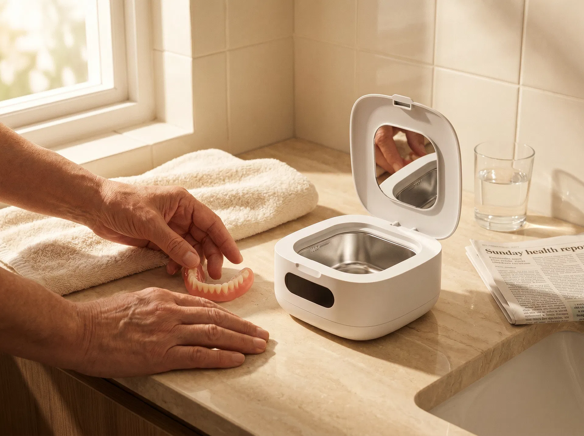 Klenopod denture cleaning pod on a bathroom counter