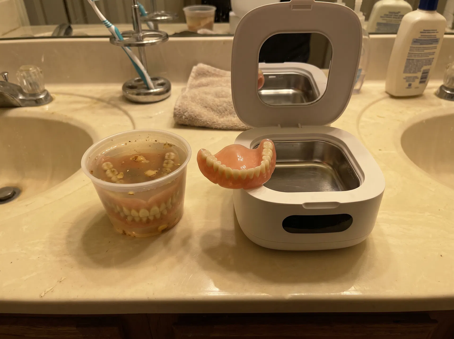 Smartphone-style bathroom counter before and after denture cleaning comparison with Klenopod