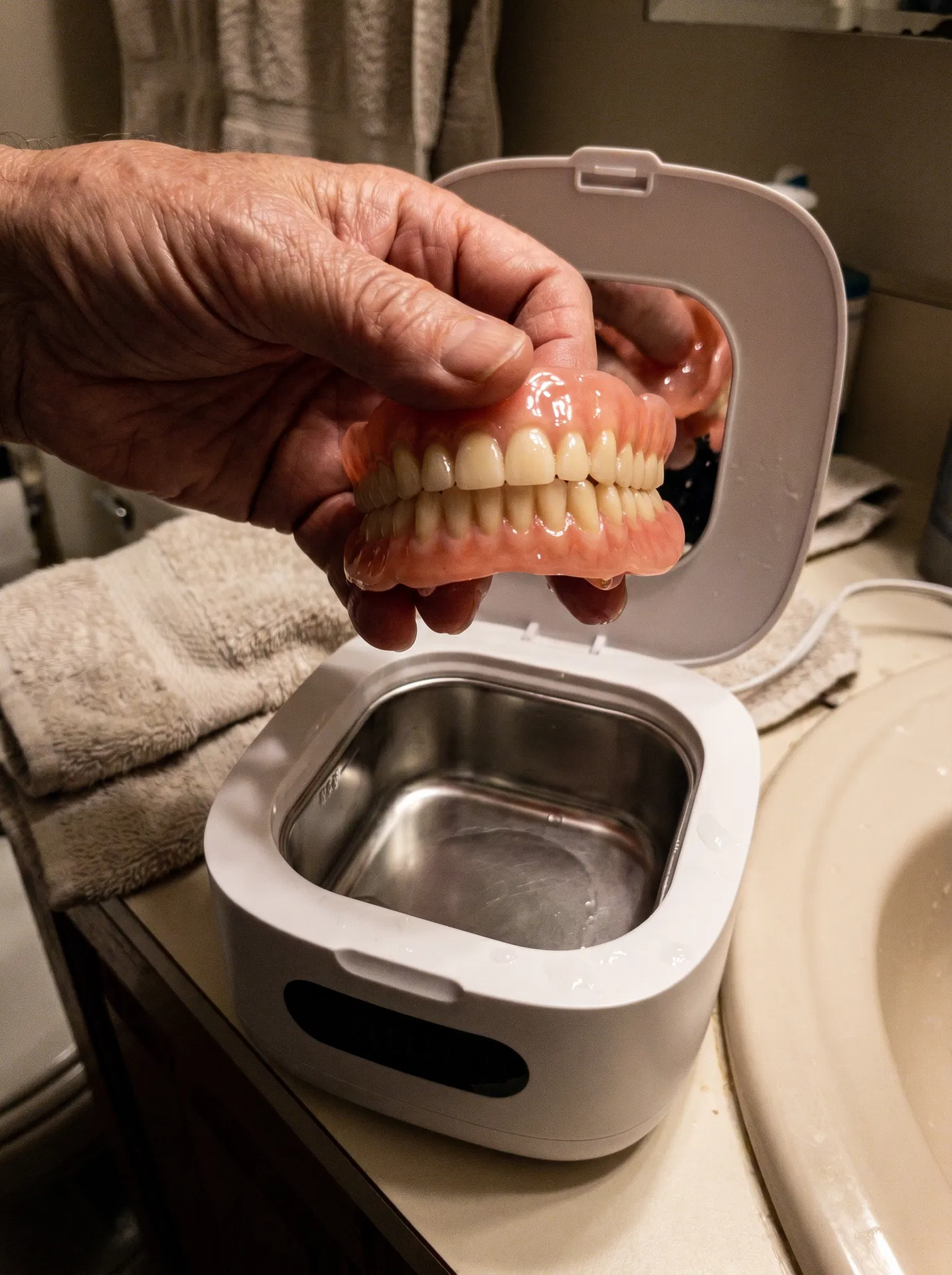 Clean brighter-looking dentures held above Klenopod after the cleaning cycle