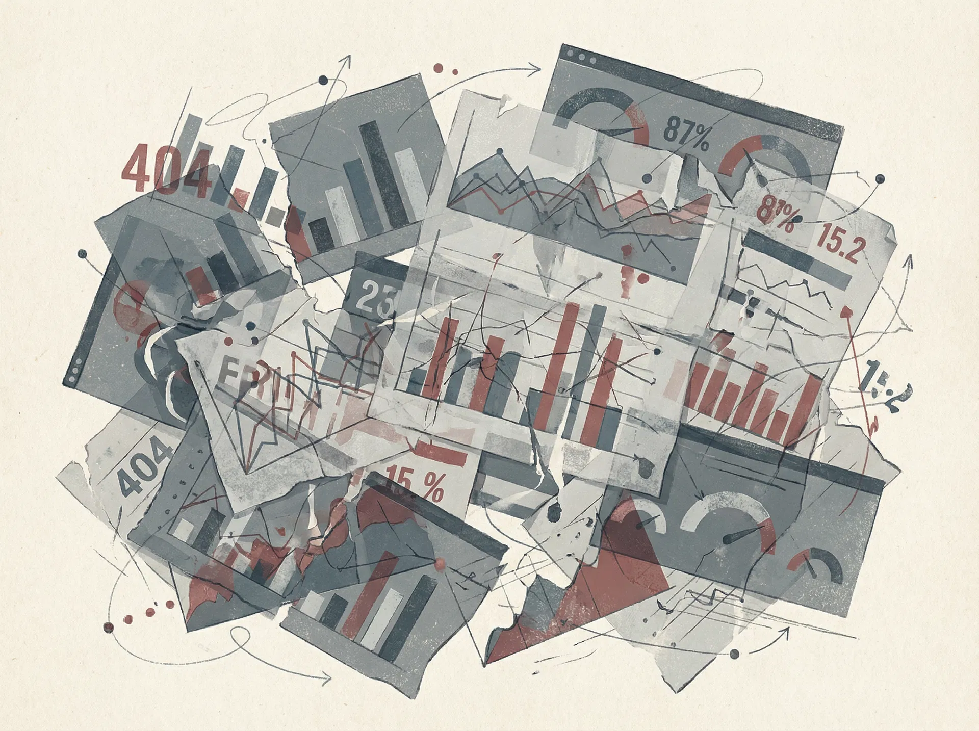 Illustration of data chaos — scattered charts, dashboards, and metrics in disarray