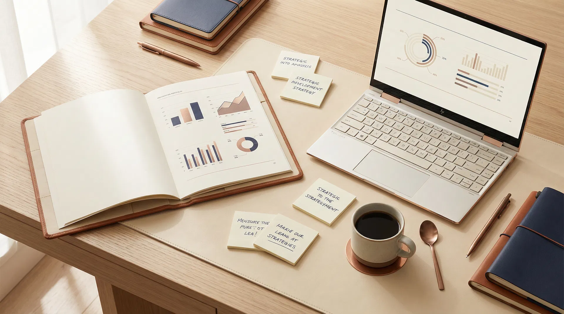 Strategic deck with charts and insights on an executive desk