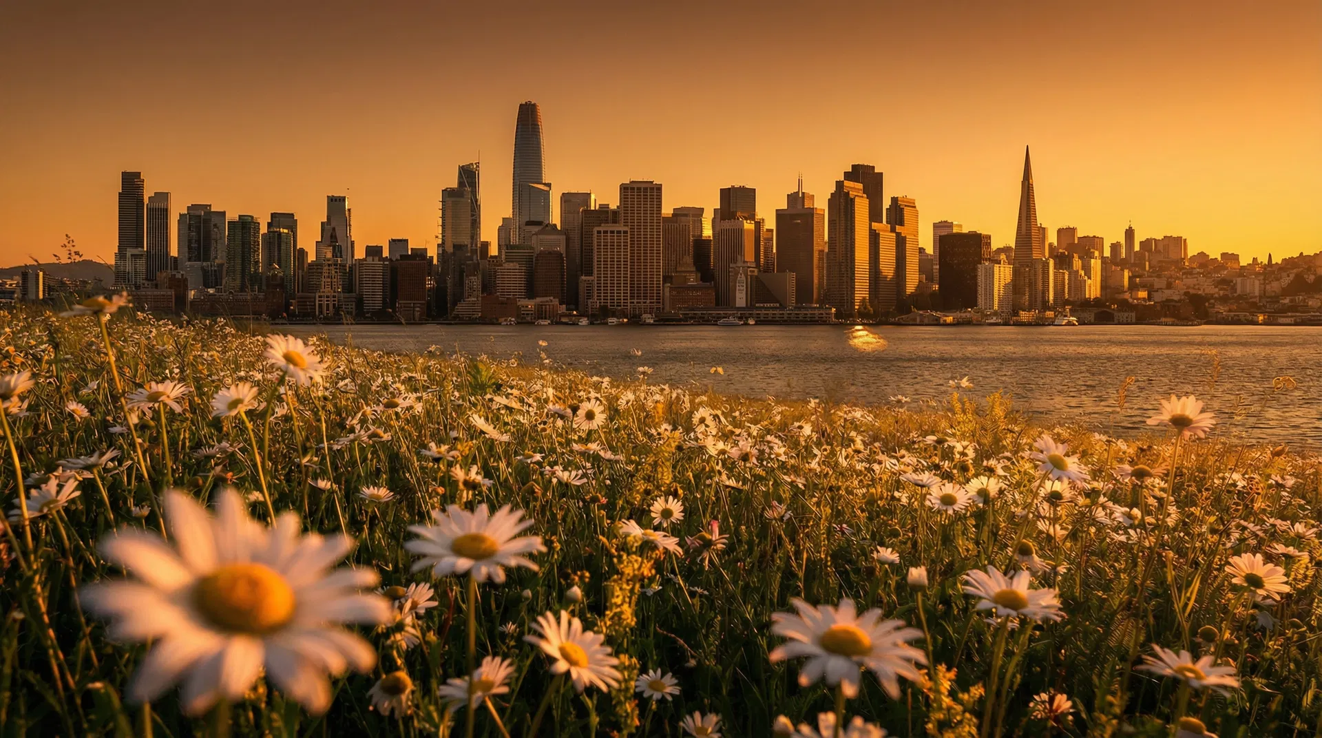 Daisy field with San Francisco skyline at golden hour