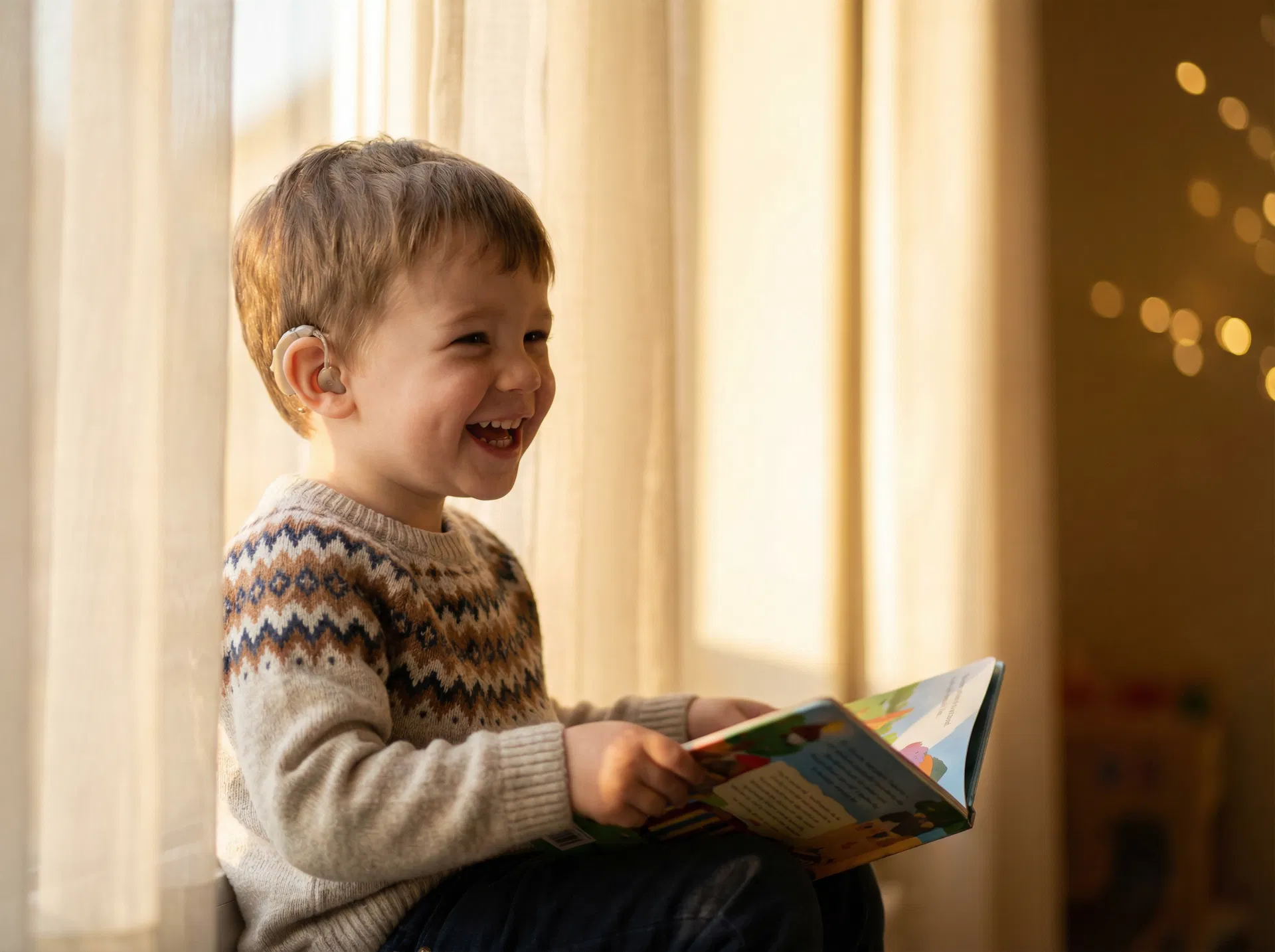Child with hearing aid smiling