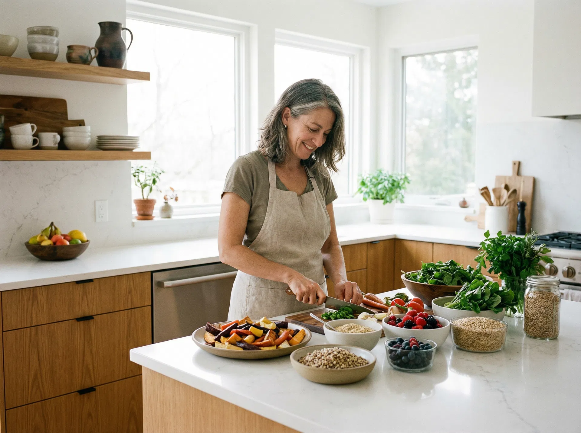 Woman preparing a healthy meal in a bright kitchen
