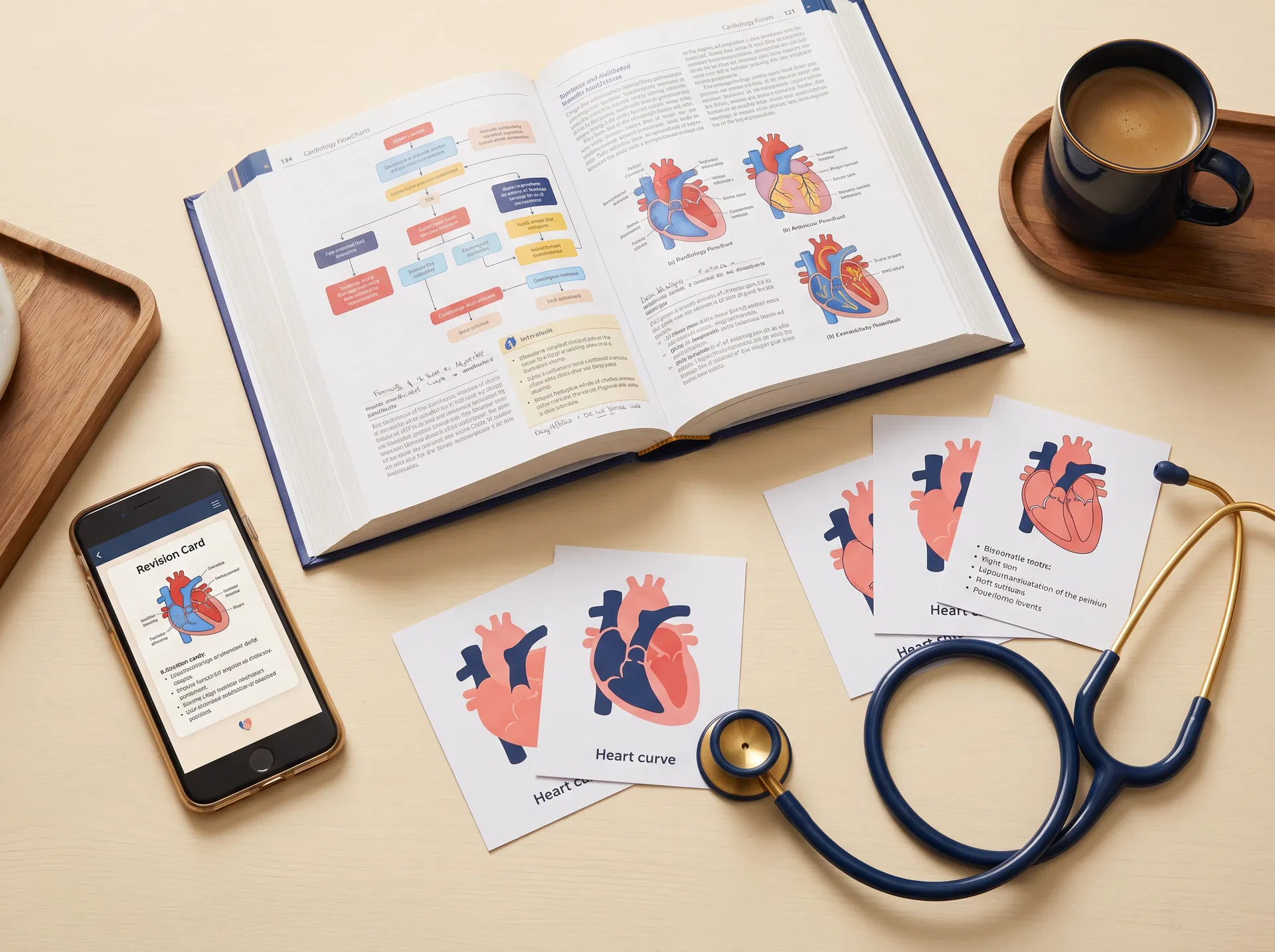 MRCP Visuals Cardiology Mega-Pack study materials including flowcharts, textbook, phone cards, and Anki deck spread on a desk