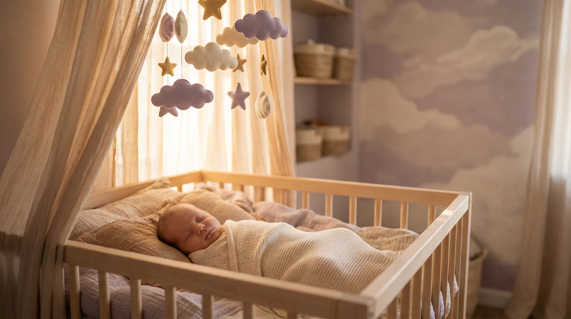 Peacefully sleeping baby swaddled in a cozy crib with soft golden lighting and cloud mobile