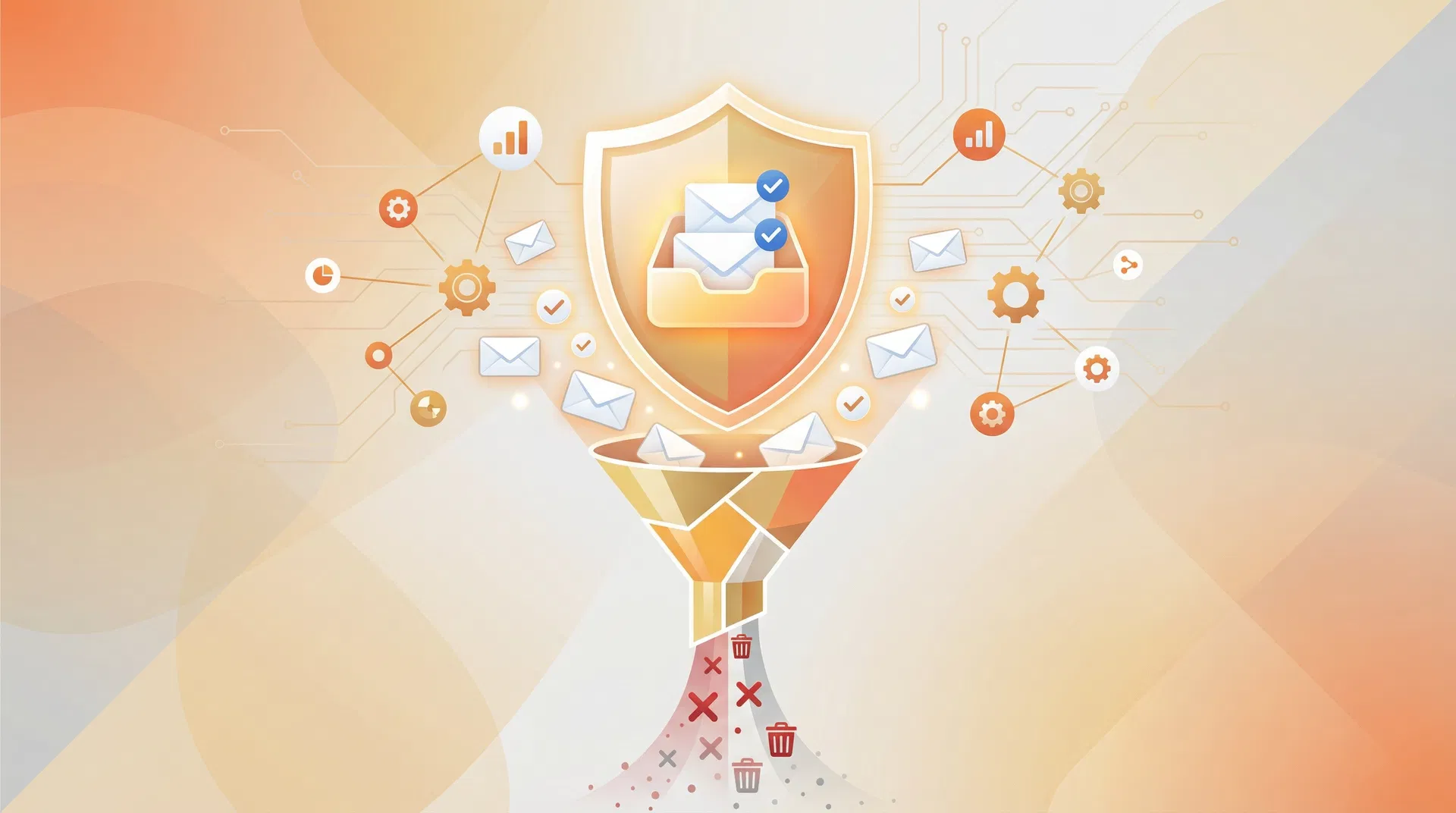 Email list hygiene illustration showing a shield protecting an inbox with a funnel filtering out invalid emails