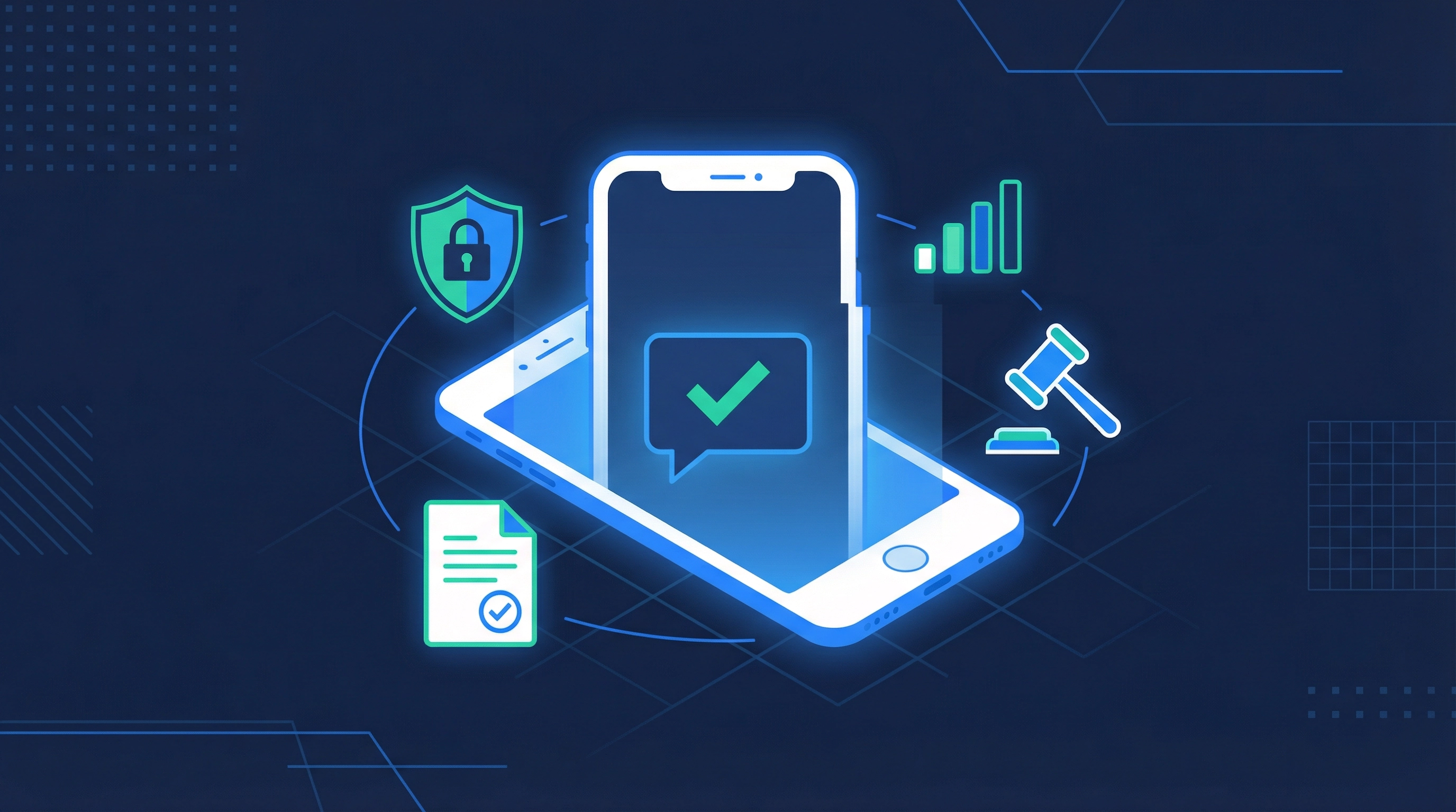 Professional illustration about A2P 10DLC SMS compliance featuring a smartphone with checkmark, security shield, compliance document, and regulatory gavel
