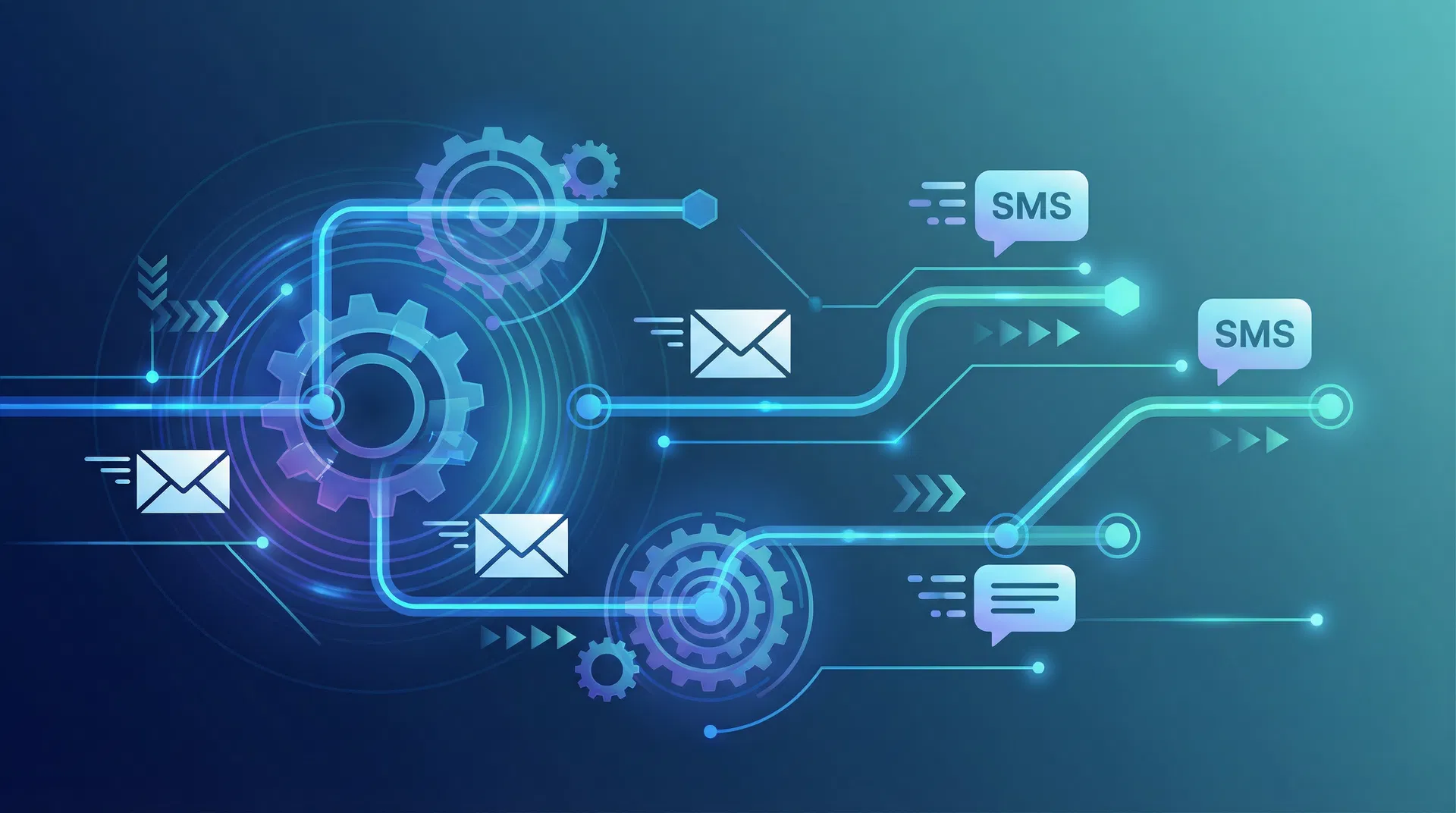 Marketing automation workflows illustration showing email and SMS triggers flowing through automated pipeline channels