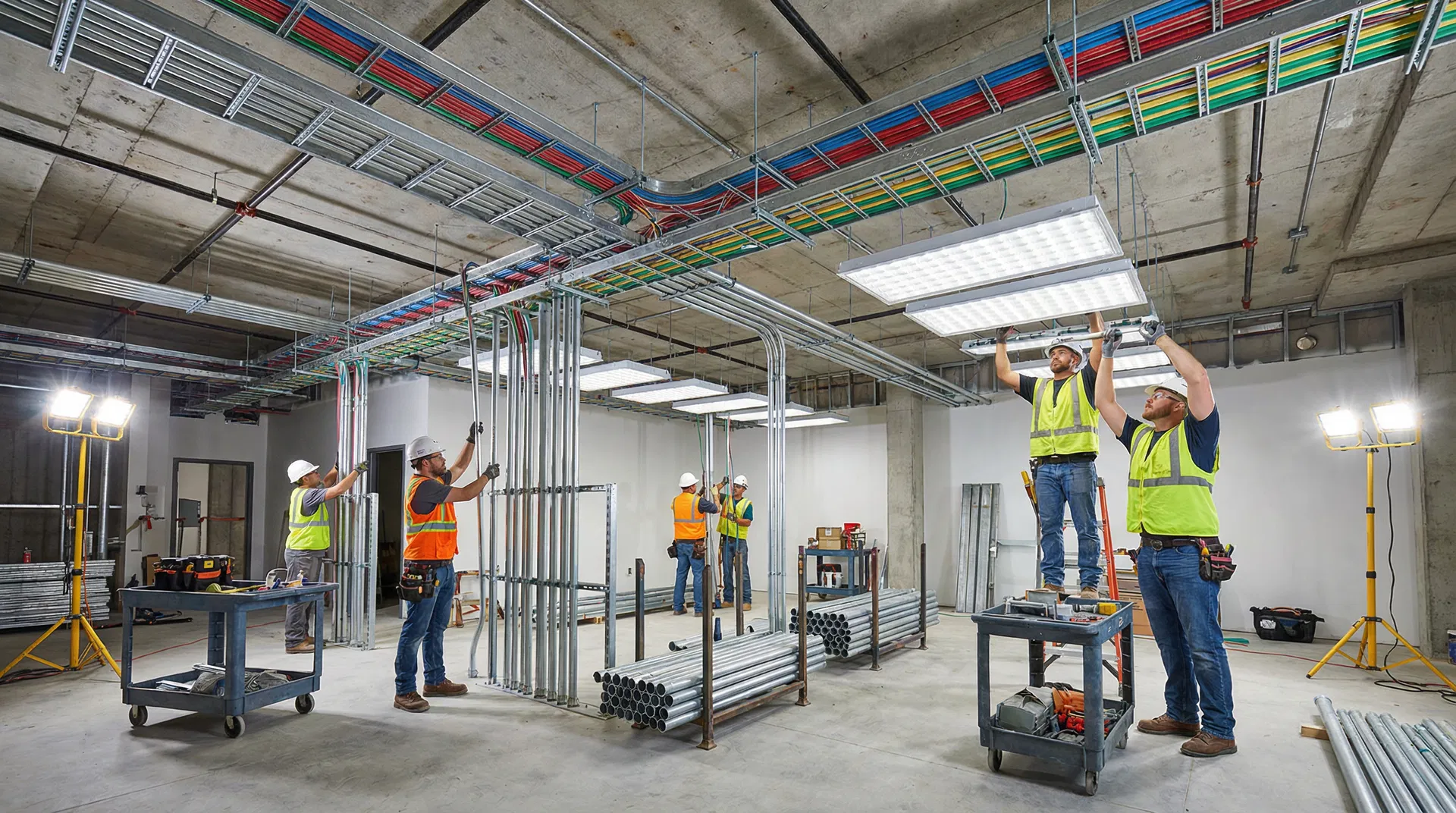 Instalación de cableado eléctrico y conduit en edificio comercial