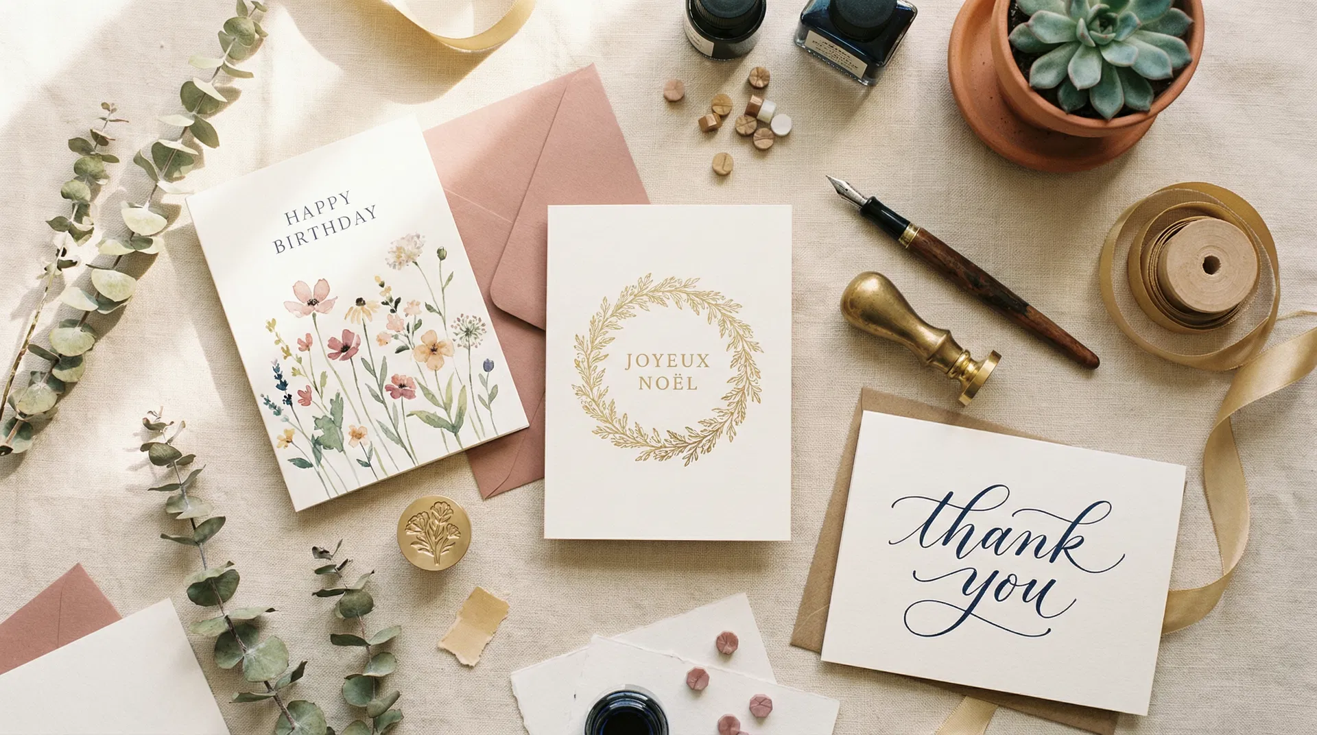 Beautiful greeting cards flat lay