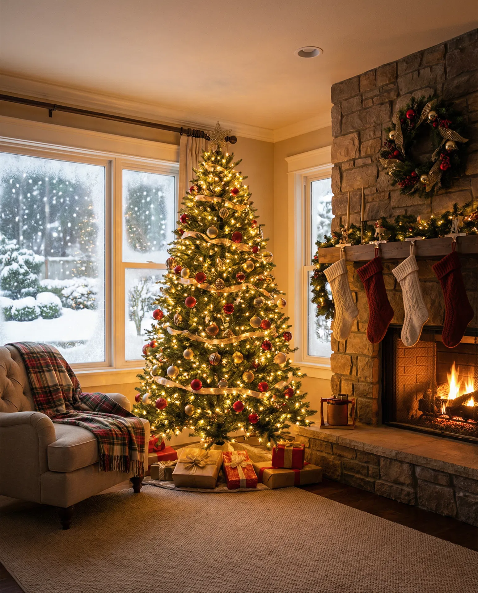 AI-generated holiday card with Christmas tree and fireplace