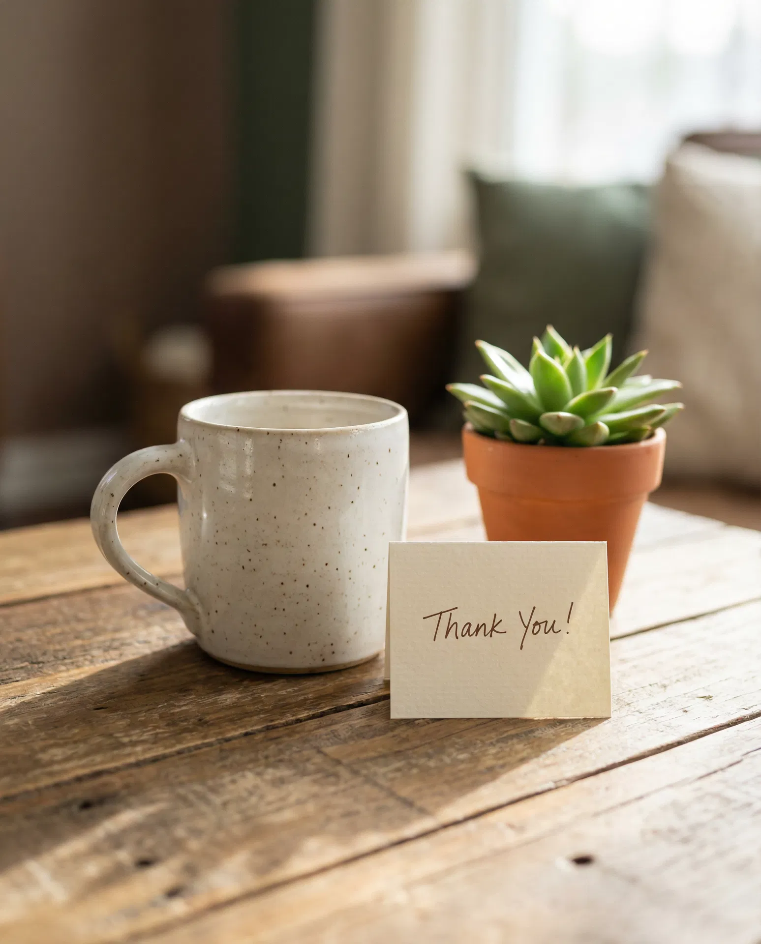 AI-generated thank you card with coffee mug and note
