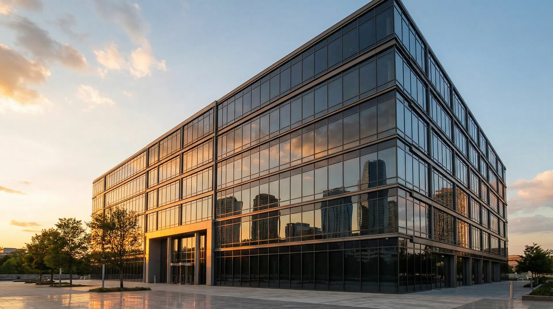 Modern commercial office building with professionally tinted glass facade at golden hour