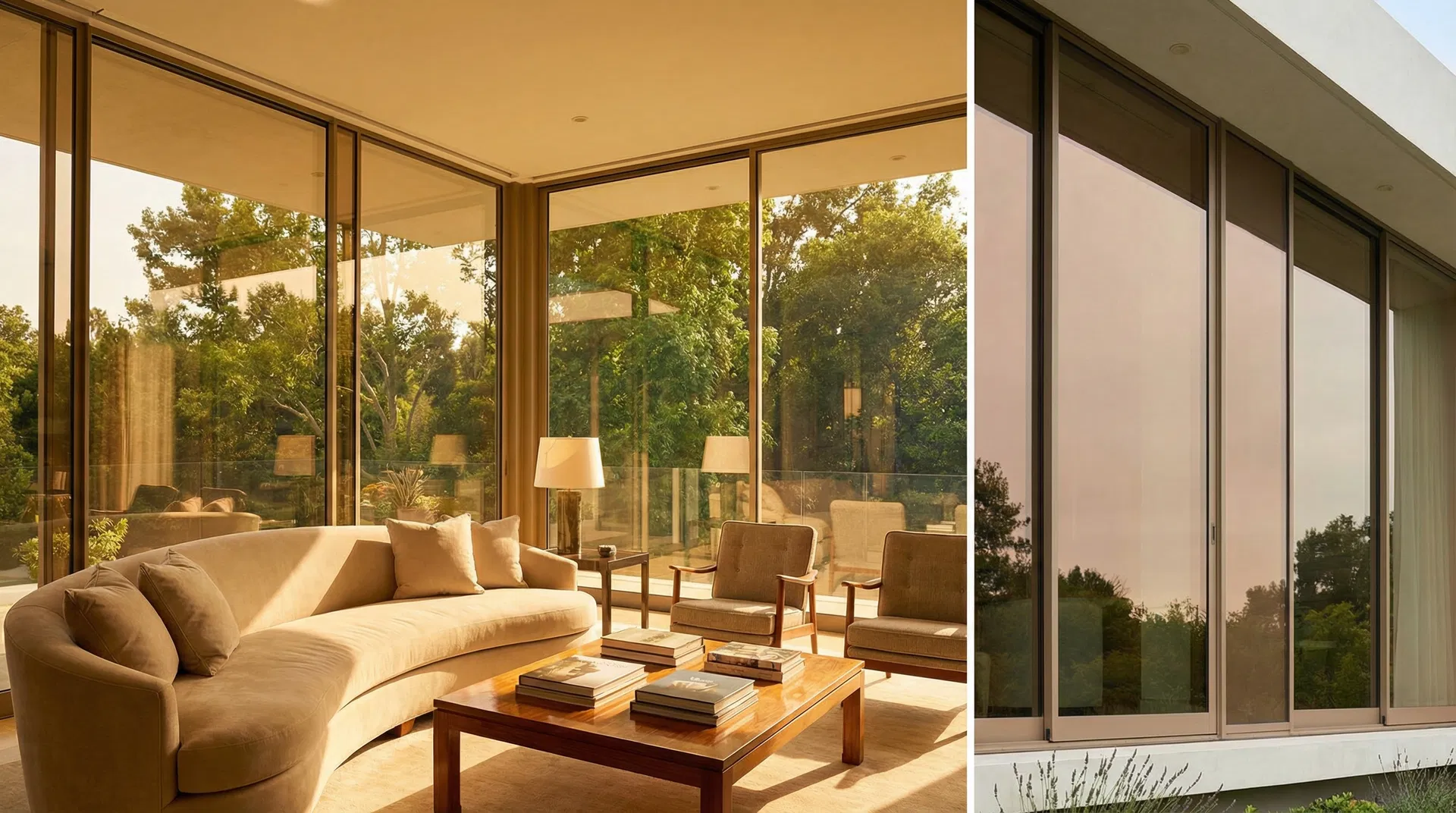 Modern home interior with tinted floor-to-ceiling windows and warm natural light